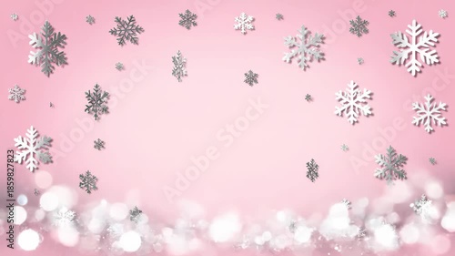 Snowflakes gently falling against a soft pink background, creating a whimsical winter scene with shimmering bokeh effects and delicate details throughout the frames