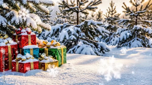 Colorful wrapped gifts nestled in snow-covered landscape with evergreen trees, showcasing festive holiday spirit and seasonal decorations in winter wonderland