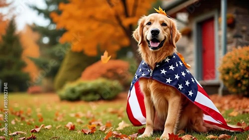 Golden retriever wearing American flag cape sitting proudly in autumn yard with colorful leaves falling around, showcasing playful spirit and vibrant scenery