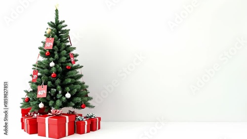 Christmas tree adorned with colorful ornaments and discount tags, surrounded by neatly wrapped red gift boxes, showcasing festive holiday decorations and spirit