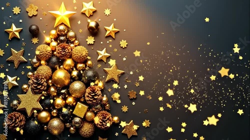 Decorative Christmas tree arrangement with golden ornaments, stars, and pinecones, showcasing a festive design with shimmering details and vibrant colors