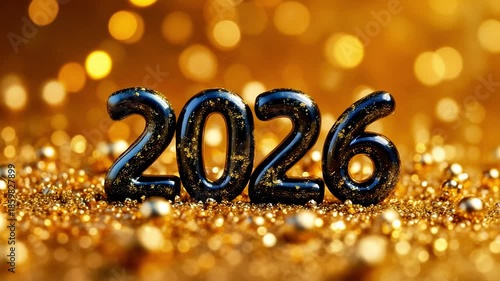 Shiny black 2026 numbers glimmering on golden glitter background, showcasing festive celebration elements with sparkling details and vibrant colors