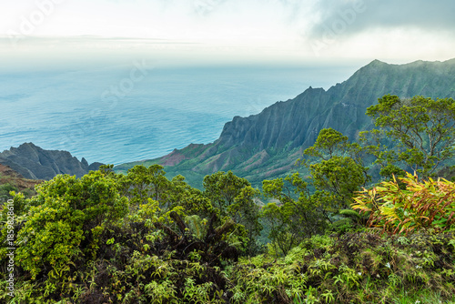 Fényképezés Na pali coast kauai ocean landscape with tropical mountains