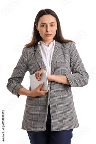 Young woman in stylish suit...