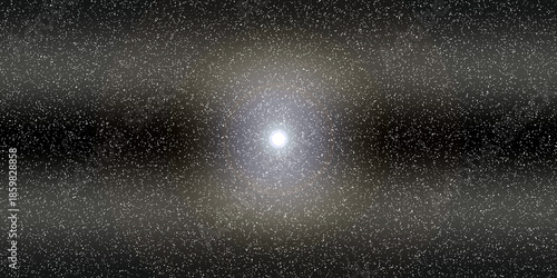 Galactic core glowing with dense star cluster, surrounded by dark bands and dispersed stellar field