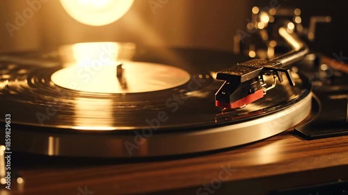 Vinyl record playing on turntable with warm light