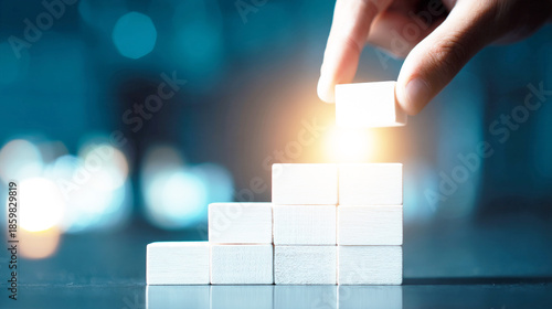 ブロックを積み上げビジネスの成功と成長を表現する手
