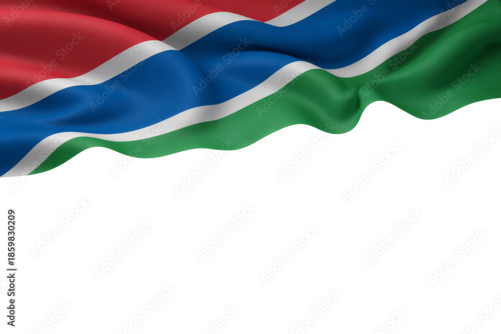 Fototapeta premium Vibrant Gambian flag waving gently&nbsp;&nbsp;with copy space below, symbolizing national pride and patriotism for Independence Day celebrations or global events