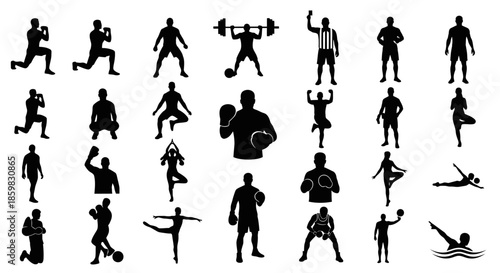 A collection of black silhouette icons depicting various athletes and people performing different sports and fitness activities.