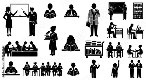 Collection of black and white silhouettes depicting various educational activities, teachers, and students in classroom and library settings.