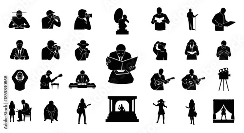 A comprehensive collection of black silhouette icons depicting people engaged in various cultural, artistic, and leisure activities.