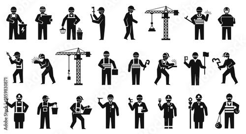 A comprehensive set of black silhouette icons depicting various construction workers, tradesmen, and industrial professionals with their tools and equipment.