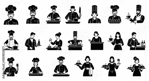 Collection of black and white chef and waiter silhouettes performing various culinary and serving tasks.