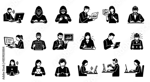 Collection of black and white illustrations depicting various people working on computers and laptops in different settings.