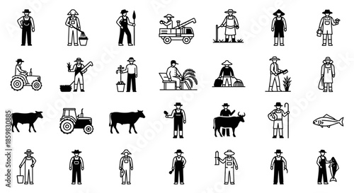 A comprehensive collection of black and white line art icons depicting various aspects of farming, agriculture, and fishing, including farmers, livestock, tractors, and tools.