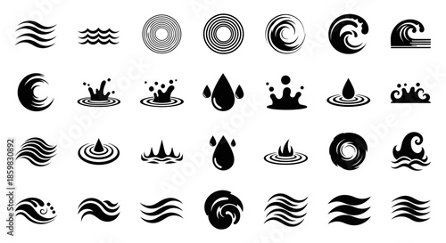 A collection of black and white vector icons representing various water elements such as waves, drops, splashes, ripples, and swirls, suitable for graphic design projects.
