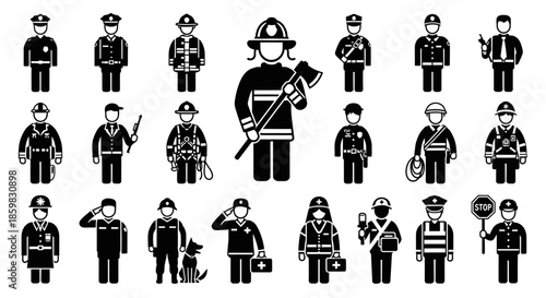 Collection of Firefighter and Emergency Services Icons in Black Silhouette.