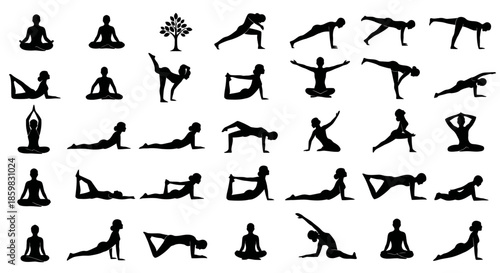 A collection of black silhouettes depicting various yoga poses and meditation postures, including a tree symbol.