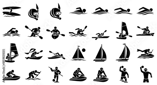 Collection of black silhouette icons depicting various water sports and leisure activities, including swimming, surfing, kayaking, sailing, and jet skiing.
