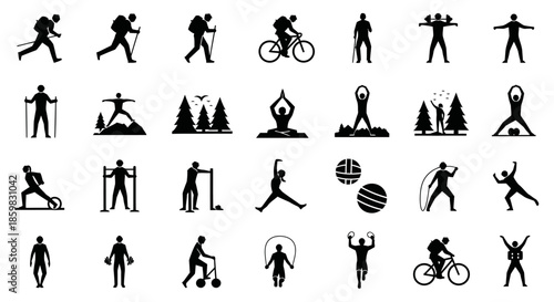 A comprehensive collection of black silhouette icons depicting various sports, fitness, and outdoor leisure activities, including hiking, cycling, yoga, and strength training.