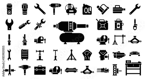 Collection of black icons representing various tools and equipment.