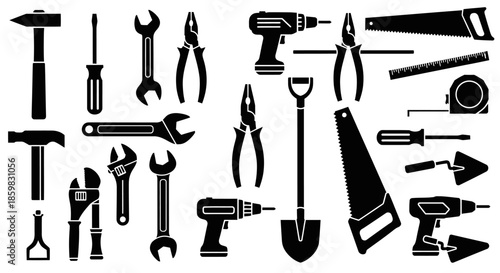 Collection of various tools and equipment for construction and DIY projects.