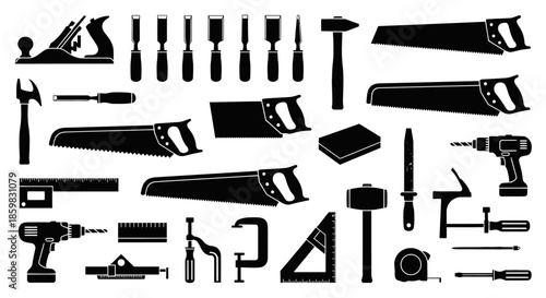 Black silhouettes of various woodworking and carpentry tools including saws, hammers, chisels, drills, and planes arranged on a white background, showcasing a wide array of equipment.