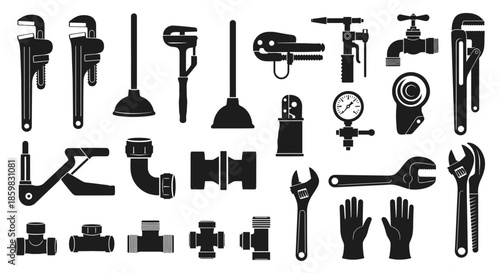 Collection of plumbing tools and pipe fittings in black silhouettes.