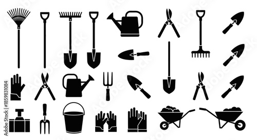 Collection of black silhouettes of various gardening tools and equipment.
