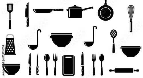Collection of kitchen utensils and cooking tools icons.