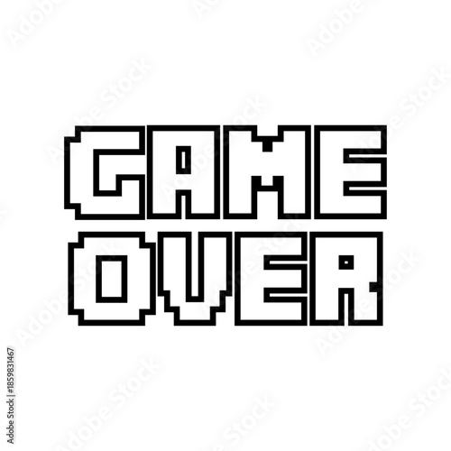 Outline pixel art Game Over text, Retro 8-bit Video Game Ending Screen, Arcade Style Typography, Gaming Loss Message Vector, Digital Entertainment Graphic, Vector illustration.