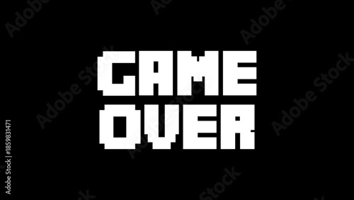 Pixel art Game Over text on black background, Retro 8-bit Video Game Ending Screen, Arcade Style Typography, Gaming Loss Message Vector, Digital Entertainment Graphic, Vector illustration.