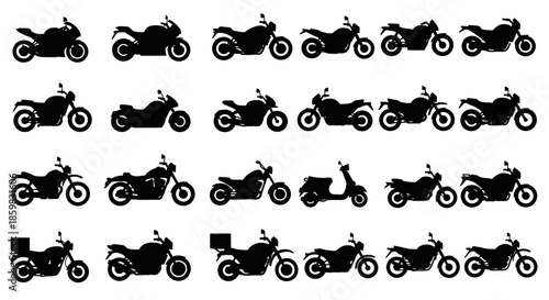 Collection of various motorcycle silhouettes on white background.