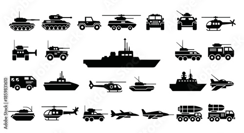 Collection of Military Vehicles and Aircraft Silhouettes.