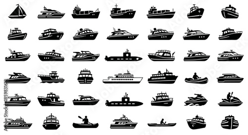 Collection of various black silhouettes of boats and ships on white background.