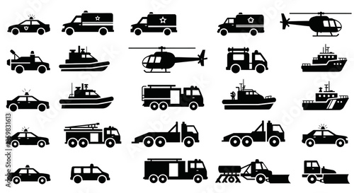 Collection of Various Vehicle Silhouettes Including Cars Trucks Boats Helicopters and Military Vehicles.