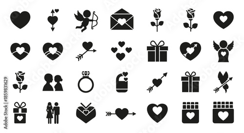 Collection of black icons representing love and relationships.