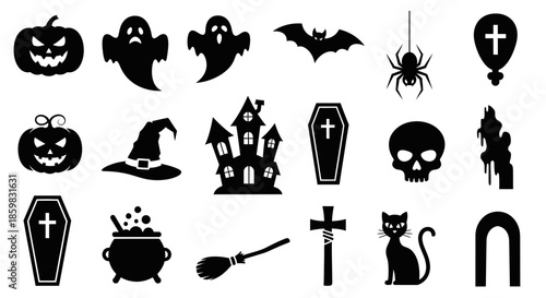 Halloween icons set with various spooky symbols and objects.