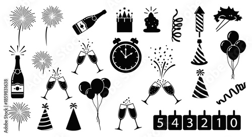 New Year's Eve party celebration icons set with fireworks and champagne.