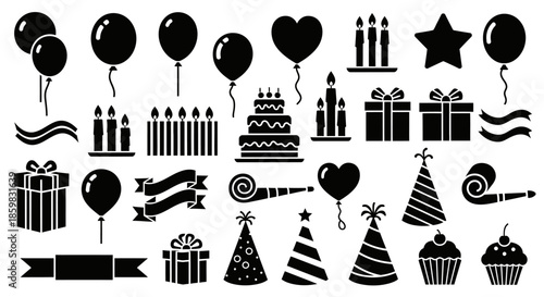Black and white party icons set with balloons and decorations.