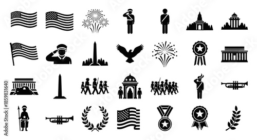 Collection of black and white patriotic icons and symbols.