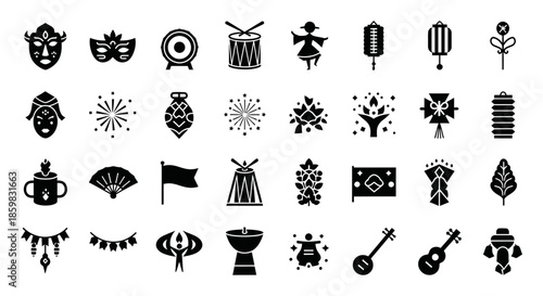 Collection of black icons representing various cultural symbols and objects.