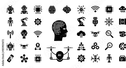 Collection of black icons representing artificial intelligence and technology concepts.