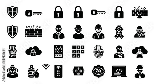 Collection of black and white security icons representing various aspects of cybersecurity and data protection.