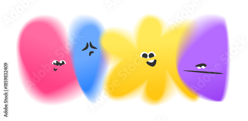 Abstract Blur Emotion Character Shapes Showing Calm Neutral Mood, Joyful Smile, Playful Happiness, Angry Rage and Disgust Feelings. Soft Gradient Faces with Eyes for Modern Emotional Design