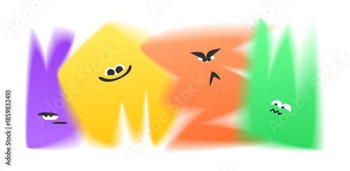 Blurred Emotion Character Faces with Soft Shapes and Expressive Eyes Showing Calm, Joy, Anger and Disgust. Abstract Blurry Emotional Set with Front View Faces and Diverse Feeling