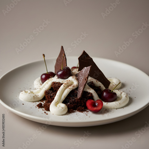 Deconstructed Black Forest gateau concept, chocolate sponge crumbs