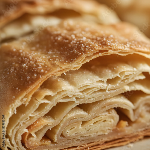 Close-up texture study of strudel pastry layers