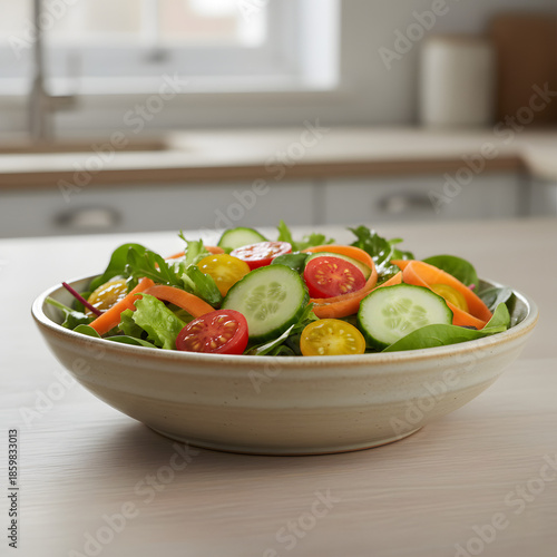 Fresh vegetable salad in a ceramic bowl, crisp lettuce, cherry tomatoes, cucumber, carrot slices, and leafy greens