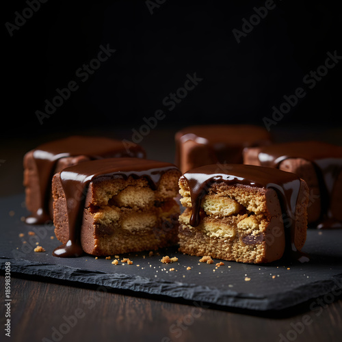 Chocolate tiffin cake slices with rich dark chocolate glaze